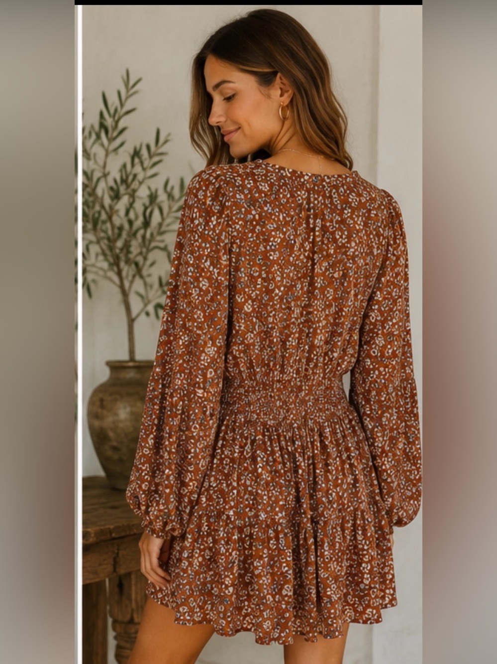 Faherty Rust Floral Long Sleeve Mini Dress Boho Prairie Cottagecore M - Picture 6 of 8